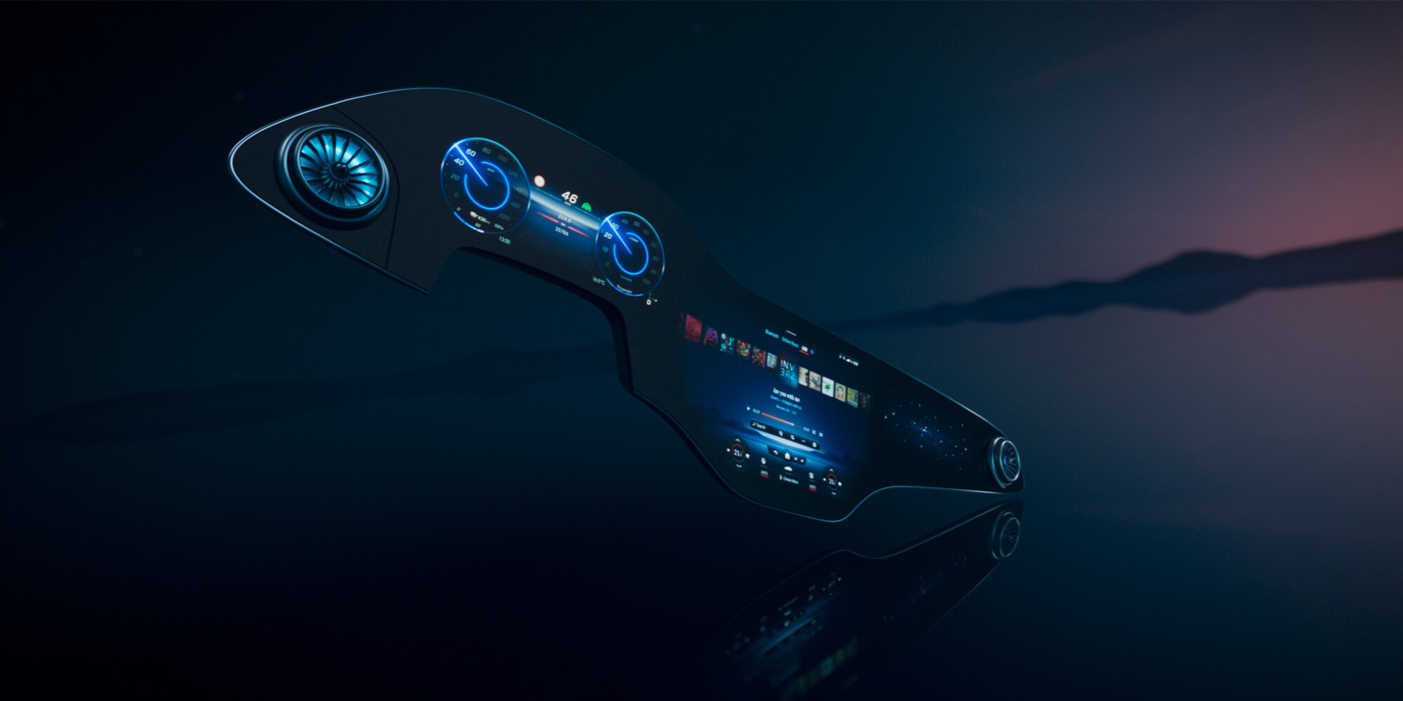 Entretenimiento | Sistema multimedia MBUX | Mercedes-Benz Visualizador MBUX flotando libremente en un espacio imaginario.