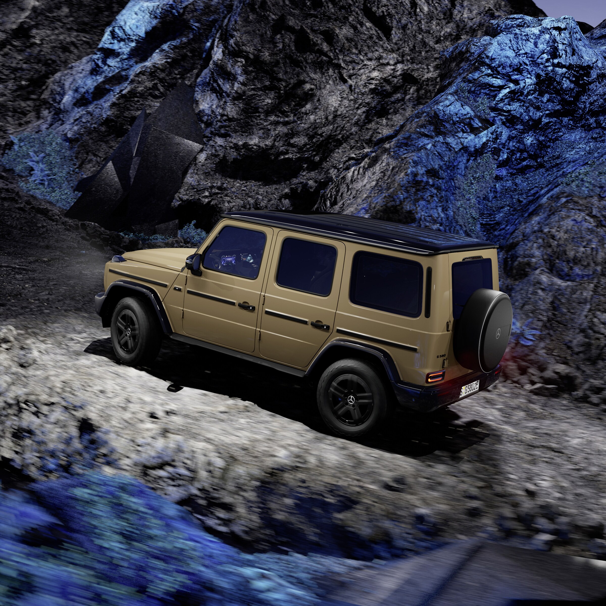 Maniobrabilidad | Tecnologías de cadena cinemática | Mercedes-Benz Visual del Clase G Eléctrico de Mercedes-Benz subiendo una pendiente rocosa